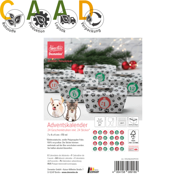 Demmler weihnachtliche Geschenktruhen für Adventskalender Motiv Pfoten + Sticker-
